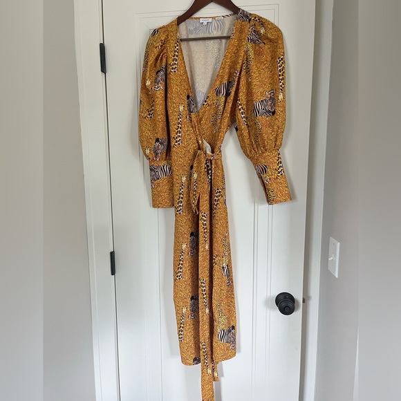 Rhode Aspen Serengeti Yellow Puff Sleeve Animal Print Zebra Wrap MIDI Dress - Picture 11 of 14